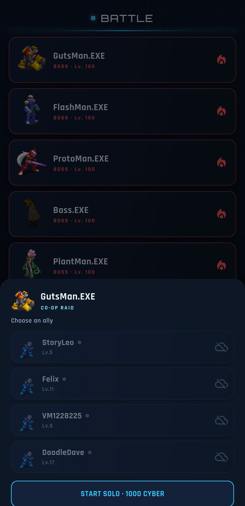 In-game screenshot: the co-op raid sheet for GutsMan.EXE — pick an ally from your friend list or start the raid solo