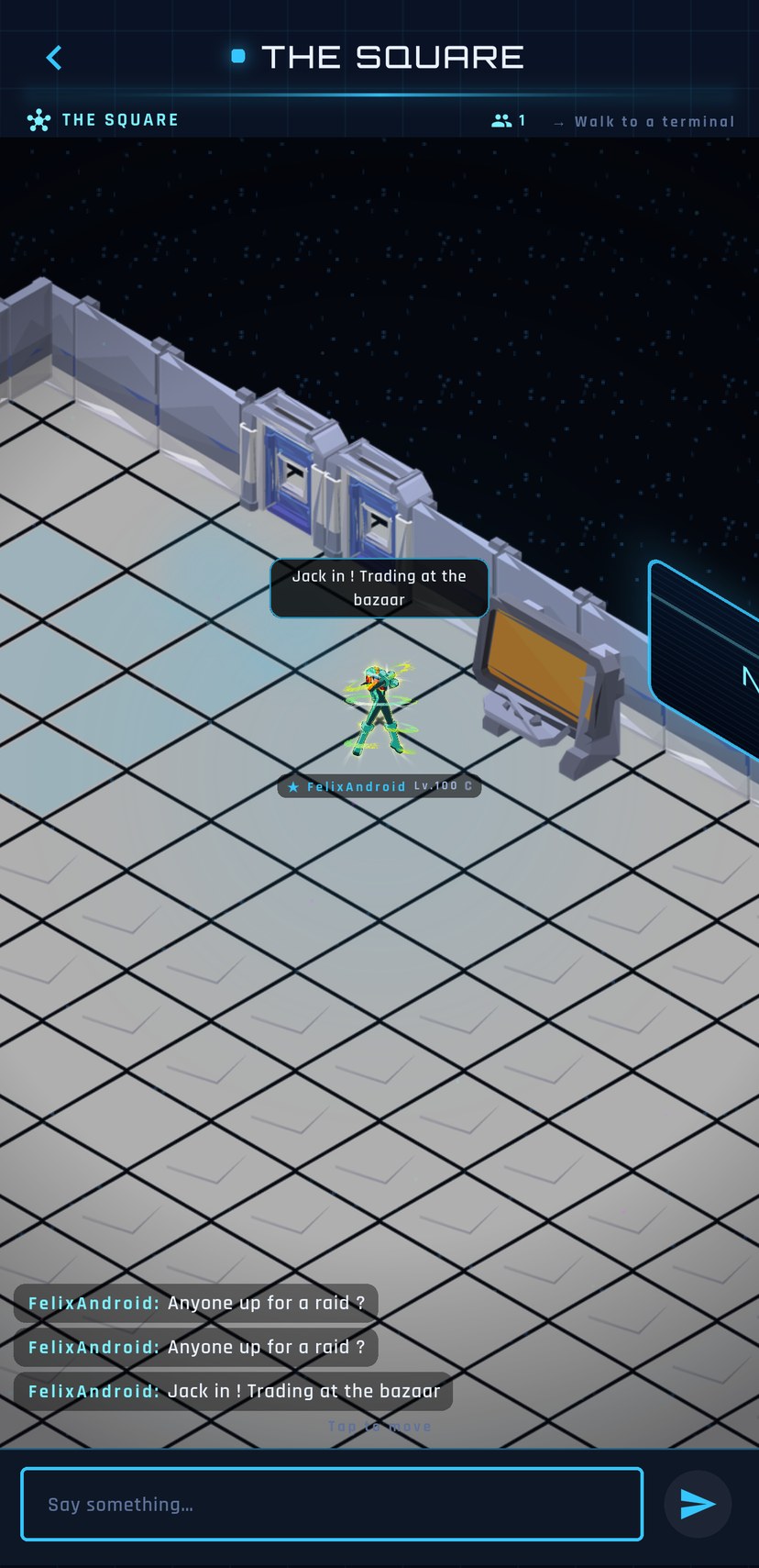 In-game screenshot: The Square — a Navi with a name plate walks the isometric hub past terminals and the NetCity News board while live chat scrolls at the bottom